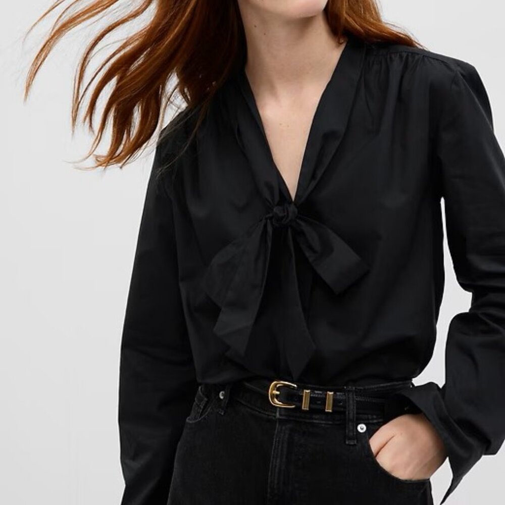NWT! Gap Women's Black Silky Sateen Bow Neck Long Sleeve Blouse Top Medium